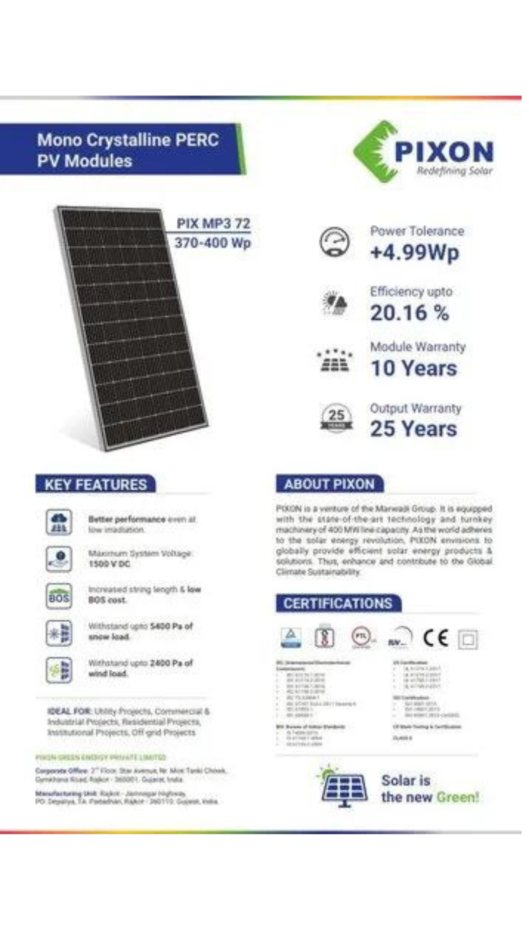 PIXON MONO-CRYSTALLINE PERC PV MODULES-365Wp
